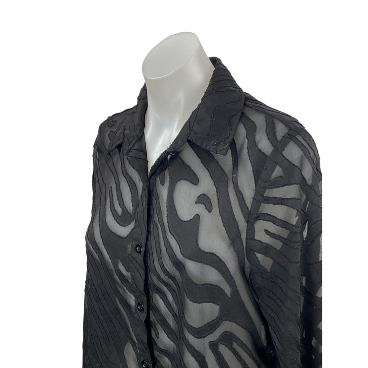 Boohoo Women's Black Mesh Abstract Sheer Long Sleeve Button Down Shirt Top Sz 6
