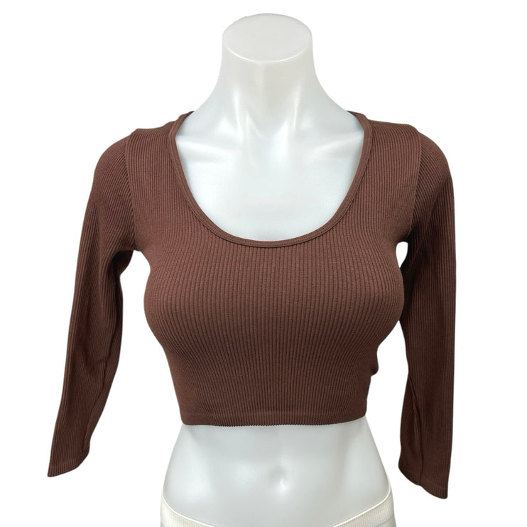 Zara Brown Ribbed Knit Scoop Neck 3/4 Sleeve Stretch Crop Sweater Top Size M-L