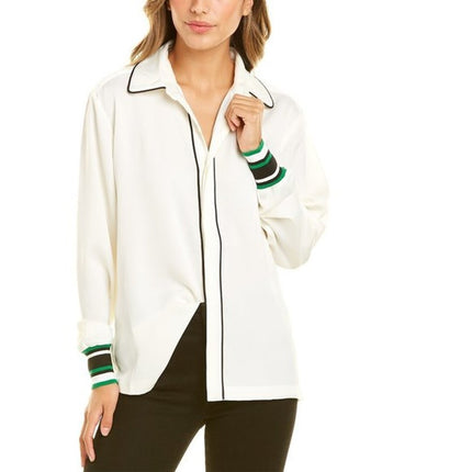 Saylient Women's White Black Long Sleeve Button Down Shirt Blouse Top Size M