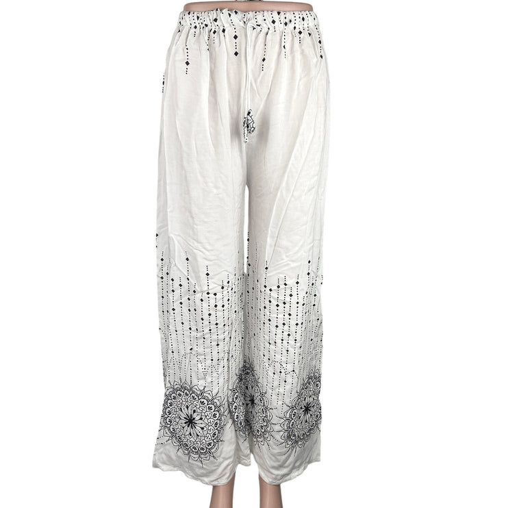 Women's White Black Drawstring Printed Ankle Elastic Waist Wide Leg Pants Size S