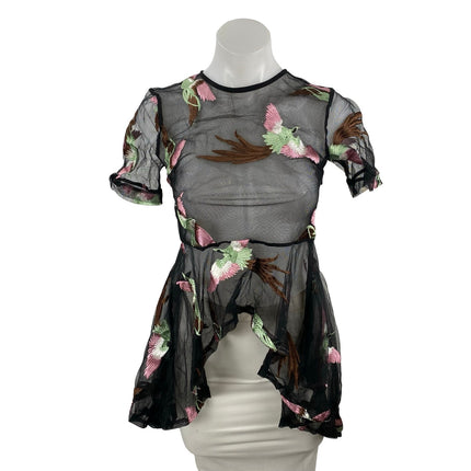 Endless Rose Womens Bird Embroidery Sheer Mesh Short Sleeve Peplum Blouse Top XS