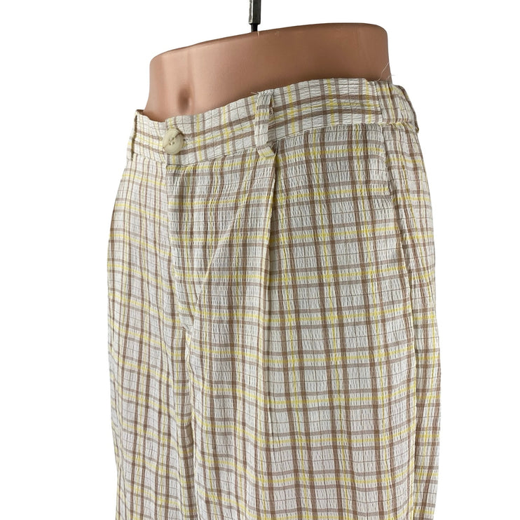 Adika Women's Beige Plaid High Rise Wide Leg Baggy Pleated Trousers Pants Size M