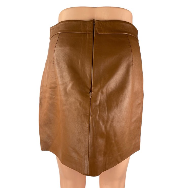 Michelle Mason Faux Vegan Leather Brown Zip Back Mini Pencil Wrap Skirt Size 4