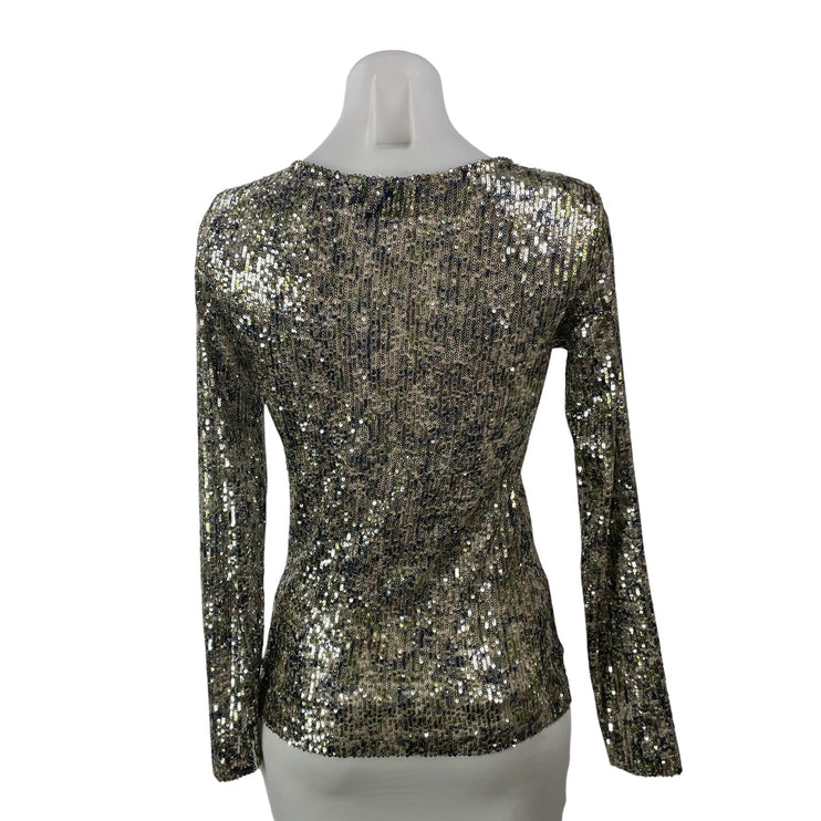 Alessandra Gallo Womens Silver Gold Long Sleeve Sequin Embellished Blouse Top 40