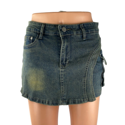 NEW Yiwoyi Women's Blue Dark Wash Mid Rise Mini Pencil Denim Skort Skirt Size M