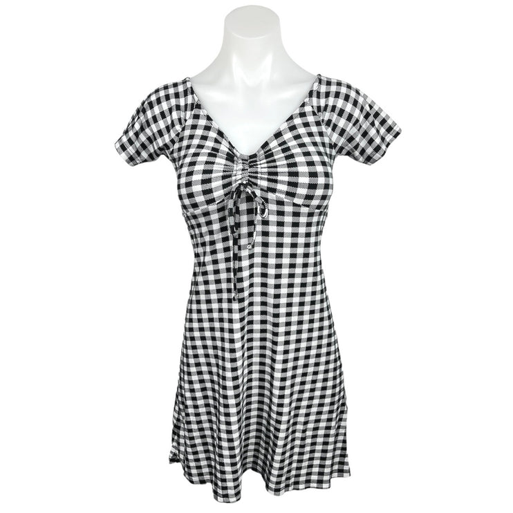 Derek Heart Black White Gingham Check V Neck Ruched A Line Mini Dress Size S