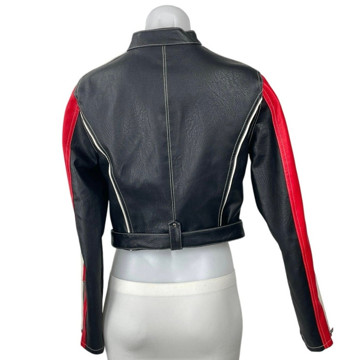 Urban Outfitters Jordan Black Red Faux Leather Crop Moto Racer Jacket Size S/M