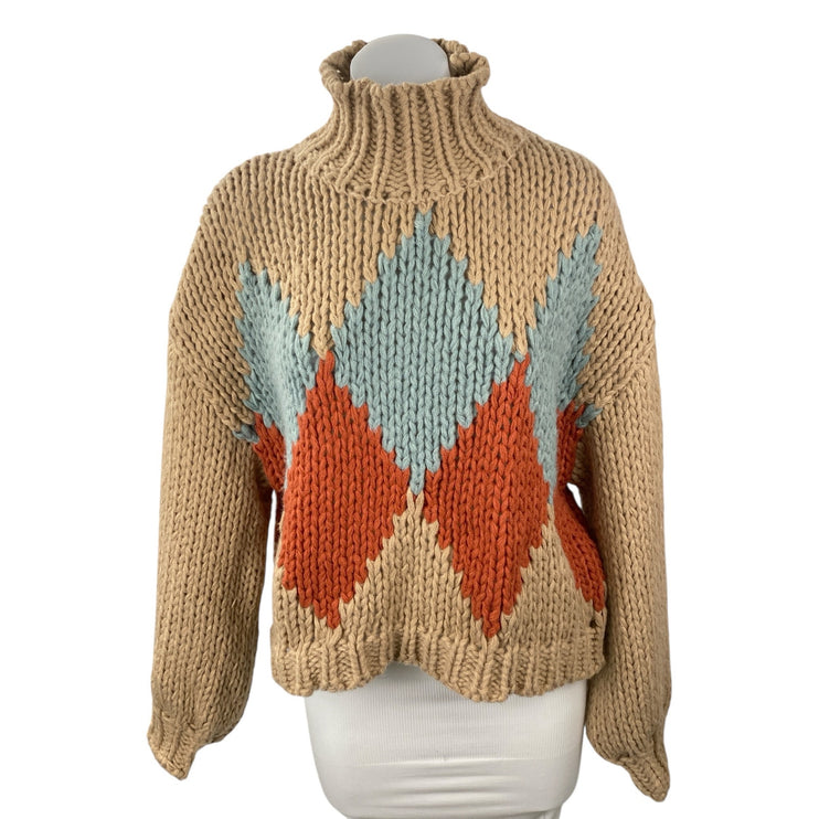 Little Lies Women's Tan Argyle Turtleneck Long Sleeve Knit Sweater Top Size S/M
