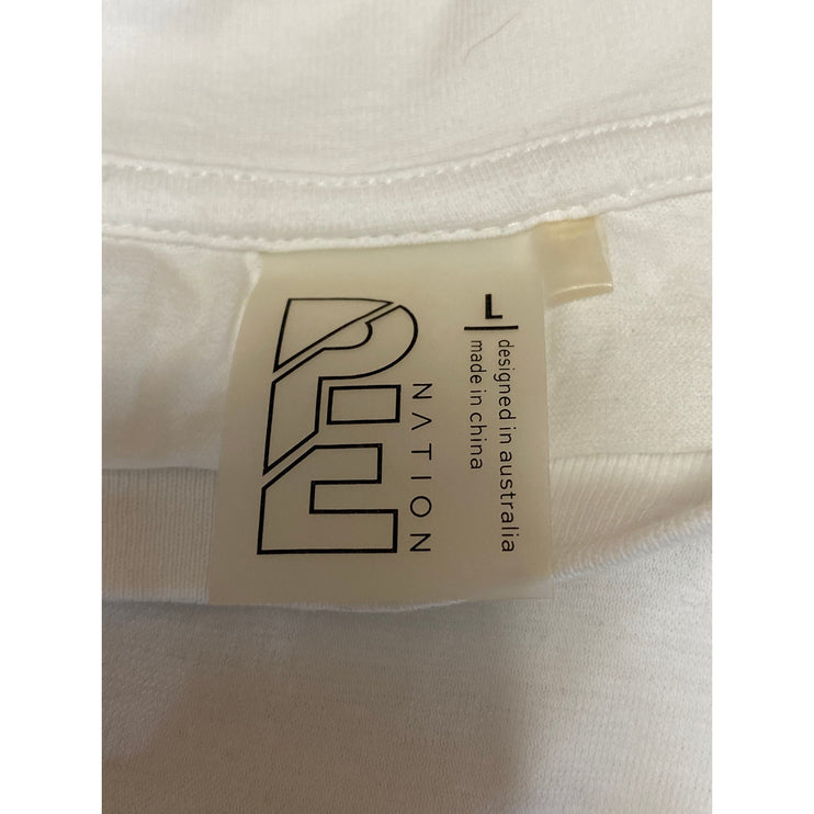 P.E Nation Women's White Striped Logo Sleeveless Athletic Muscle Tee Tank Top L