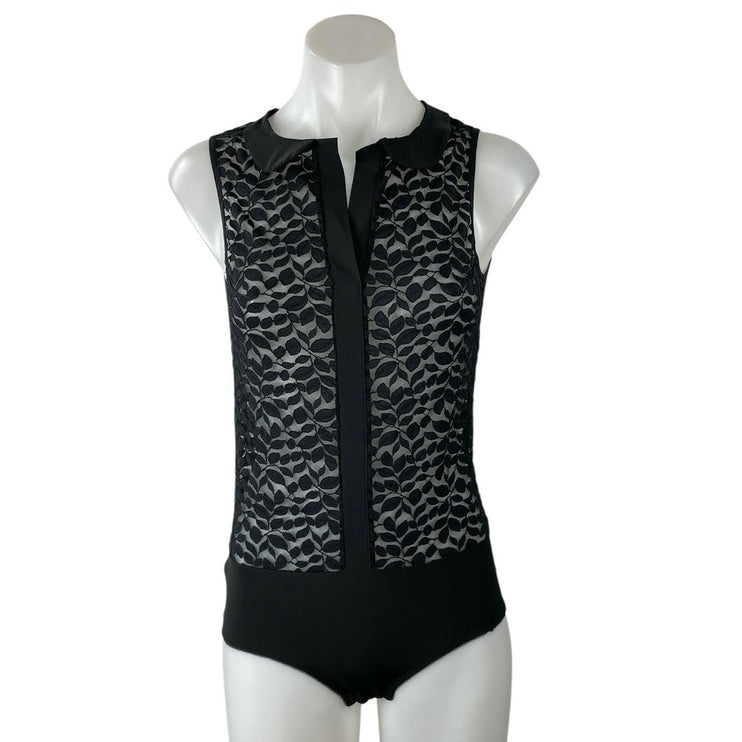 Women's Black Leaf Lace Mesh Sheer Sleeveless Collared Shirt Bodysuit Top Size 6