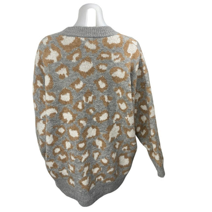MNG Mango Gray Wool Leopard Animal Print Button Long Sleeve Cardigan Sweater M