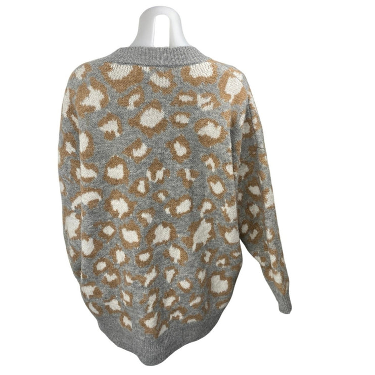 MNG Mango Gray Wool Leopard Animal Print Button Long Sleeve Cardigan Sweater M