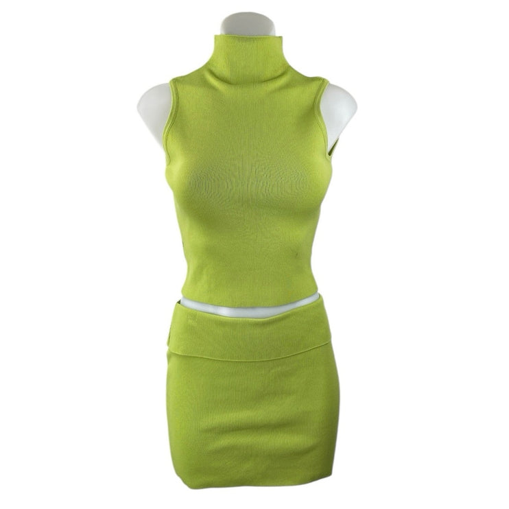 NEW Tiger Mist Women's Green Sleeveless Rib Knit Crop Tank Top & Skirt Set Sz M
