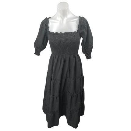 Hill House Home Nesli Black Puff Sleeve Smocked Tiered Midi A-Line Nap Brie Hill House Home Nesli Black Puff Sleeve Smocked Tiered Midi A-Line Nap Brie