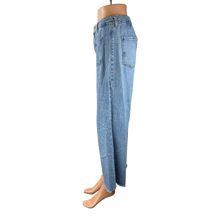 Zara Women's Blue Raw Frayed Hem High Rise Wide Leg Bootcut Denim Jeans Pants 6