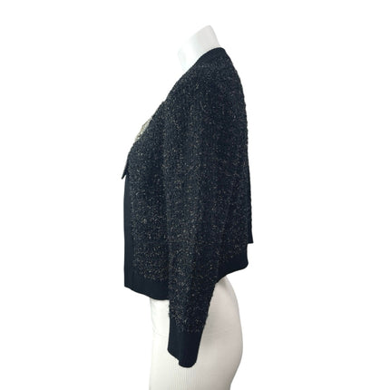 Alice + Olivia Akira Black Silver Beaded Bow 3/4 Sleeve Cardigan Sweater Top M