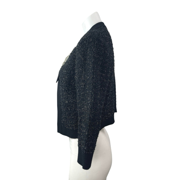 Alice + Olivia Akira Black Silver Beaded Bow 3/4 Sleeve Cardigan Sweater Top M