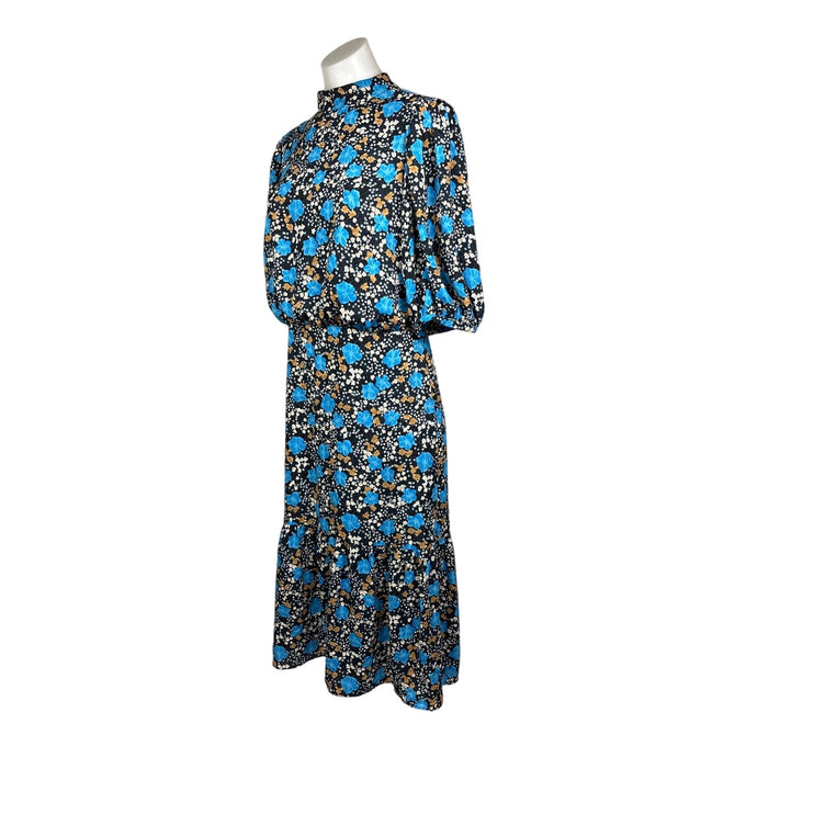 Ann Taylor Black Blue Floral Print Blouson Mock Neck Puff Sleeve Midi Dress Sz 6