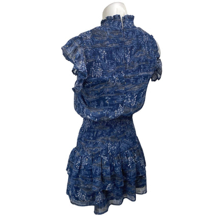 Aqua Blue Floral Smocked Mock Neck Short Flutter Sleeve Mini Blouson Dress Sz XS