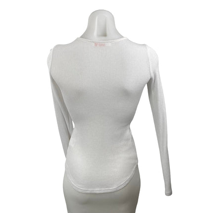 Bayse Women's White Ribbed Knit Crew Neck Long Sleeve T Shirt Tee Top Size XS