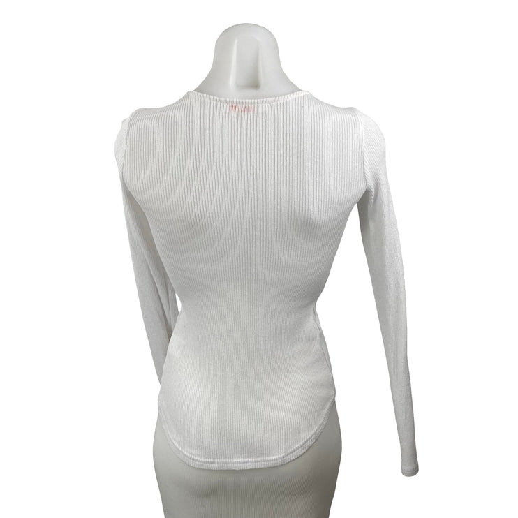 Bayse Women's White Ribbed Knit Crew Neck Long Sleeve T Shirt Tee Top Size XS