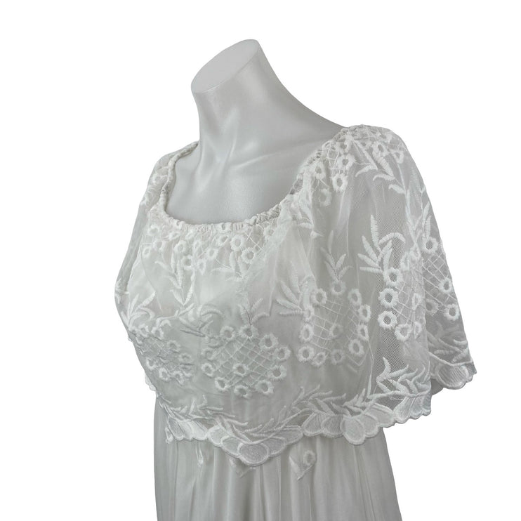 Womens White Embroidered Sheer Mesh Tiered Half Sleeve A Line Maxi Dress Size S