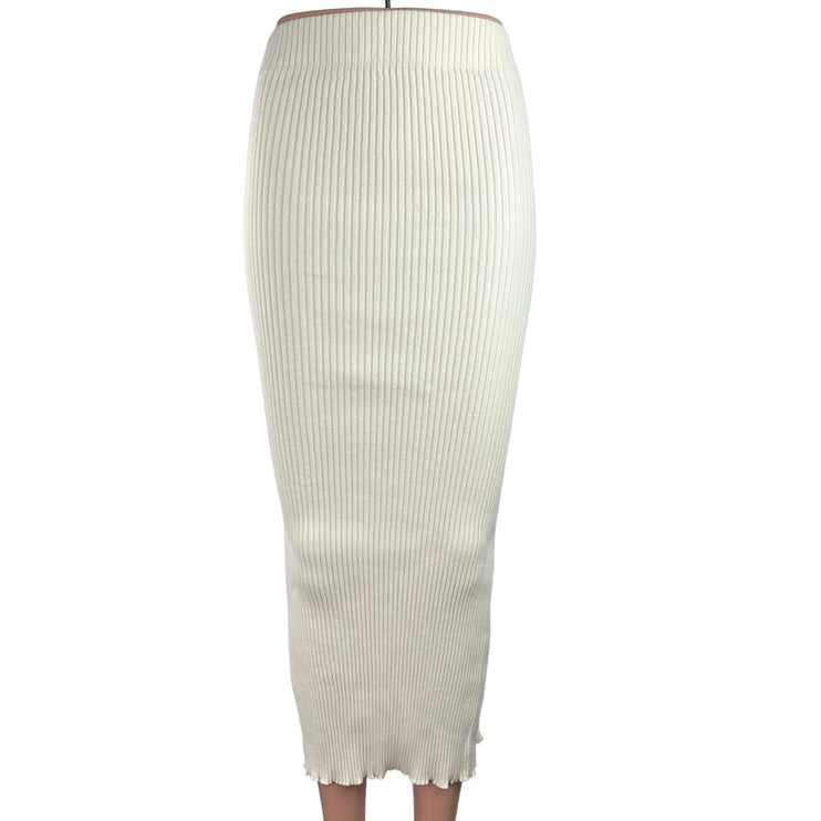 Zara White Ribbed Knit High Waisted Fitted Stretch Back Slit Midi Skirt Size S