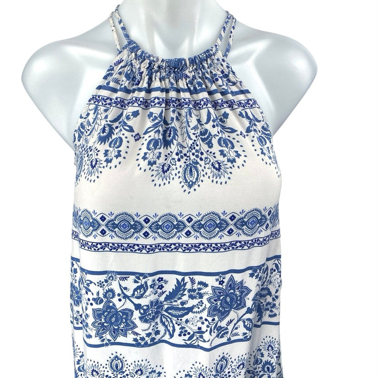 Ann Taylor LOFT White Blue Floral Sleeveless High Neck Midi Shift Dress Size XS