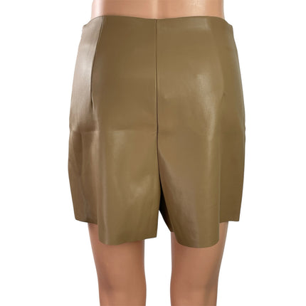 NEW Oraije Tan High Waisted Slit Faux Leather Vegan Mini Skirt Skort Shorts 4