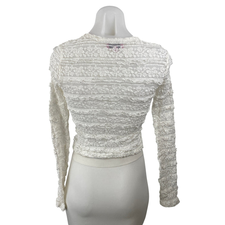 Edikted Women's White Floral Lace Long Sleeve Crew Neck Cropped Blouse Top Sz S