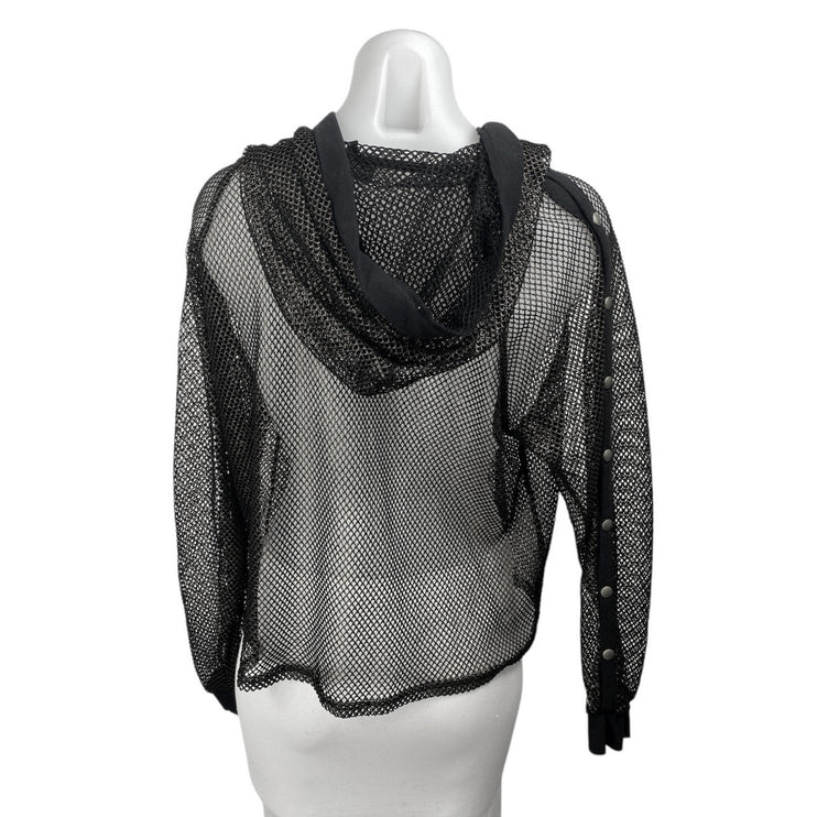Love J Women's Black Fish Net Snap Button Long Sleeve Sheer Hoodie Cover Up Sz L