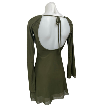 Princess Polly Green Long Bell Sleeve Open Back Mesh Mini A Line Dress Size 2