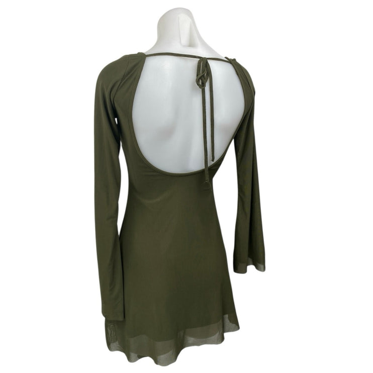 Princess Polly Green Long Bell Sleeve Open Back Mesh Mini A Line Dress Size 2