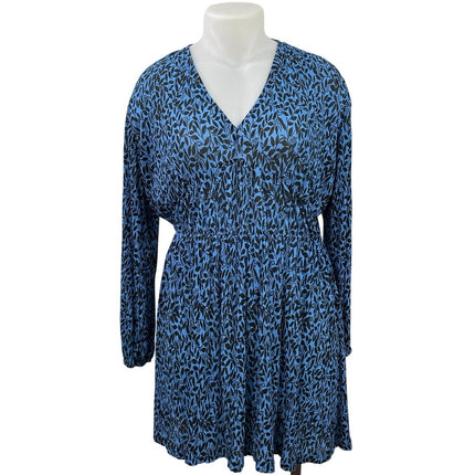 MNG Mango Blue Leaf V Neck Long Sleeve Blouson Fit & Flare Mini Dress Size 12