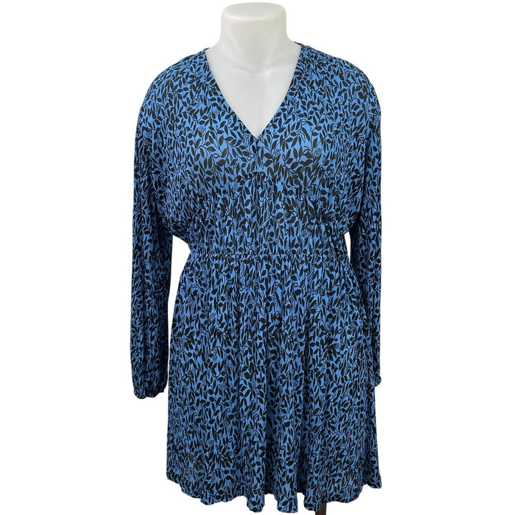 MNG Mango Blue Leaf V Neck Long Sleeve Blouson Fit & Flare Mini Dress Size 12