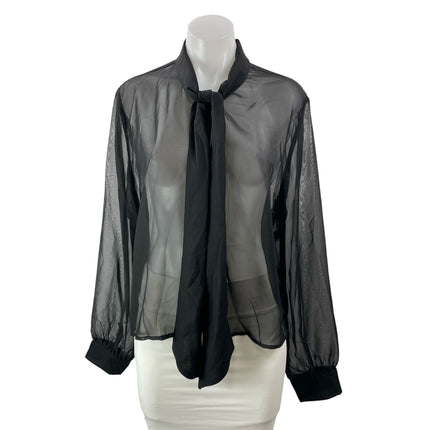 More To Come Women's Black Long Sleeves Silk Chiffon Sheer Tie Neck Blouse Top M