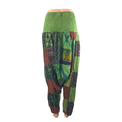 Advance Women's Green Patchwork Floral Smocked Boho Hippie Harem Pants Size OS
