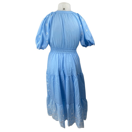 Women's Blue Embroidered Smocked Tiered Tie Neck Puff Sleeve Midi Flare A-Line L