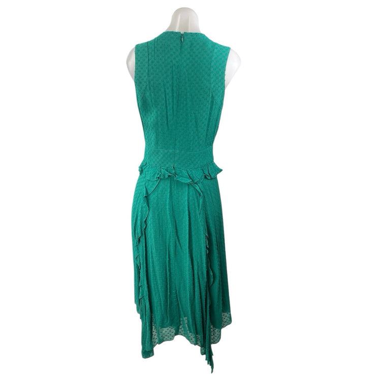 Club Monaco Green Sleeveless Swiss Dot Ruffle Asymmetric Midi A Line Dress Sz 2
