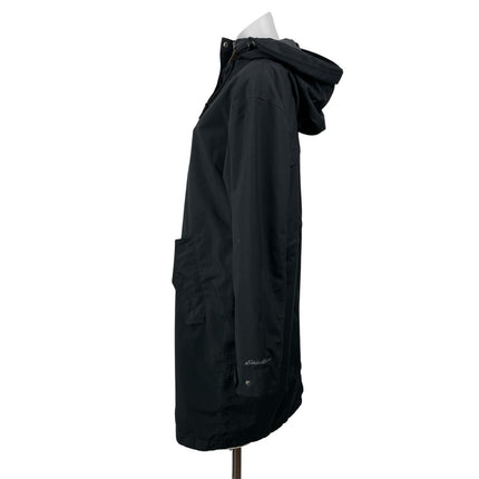 Eddie Bauer Black Long Sleeves Front Zip Hooded Mid Length Raincoat Jacket Sz S