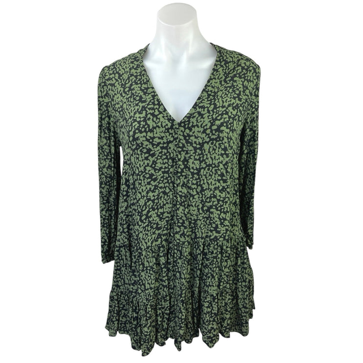 Zara Green Black Printed V Neck Button Front Long Sleeve Ruffle Mini Dress Sz XS