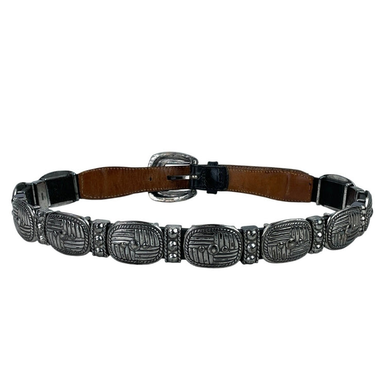 Vintage 1995 Brighton Black Silver Heavy Western Style Concho Leather Belt