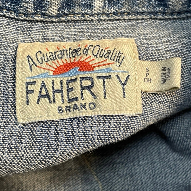 Faherty Women's Blue Long Sleeve Pocket Button Down Denim Jean Shirt Top Size S