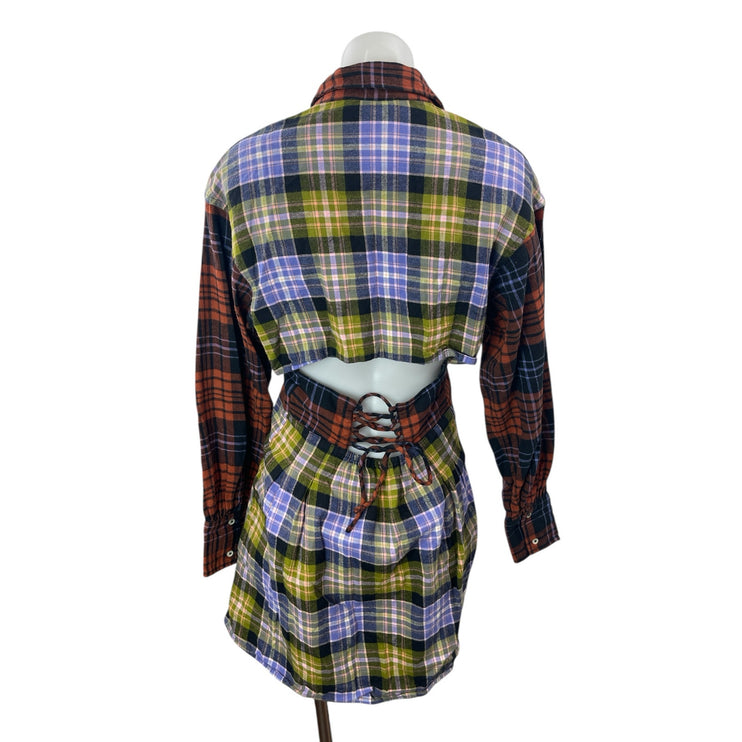 Circus NY Multicolor Plaid Colorblock Cutout Long Sleeve Mini Shirt Dress Size S