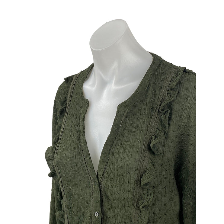 Zara Green Swiss Dots Ruffle V Neck Long Sleeve Button Up Shirt Blouse Top Sz S