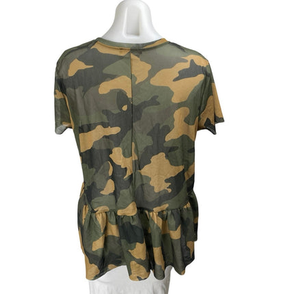 Zara Green Multicolor Camo Camouflage Short Sleeve Peplum Shirt Blouse Top Sz S