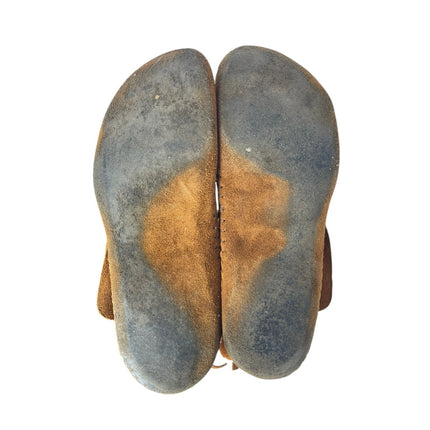 Taos Brown Fringed Suede Leather Tie Button Mid Calf Moccasin Boots Size 10.75