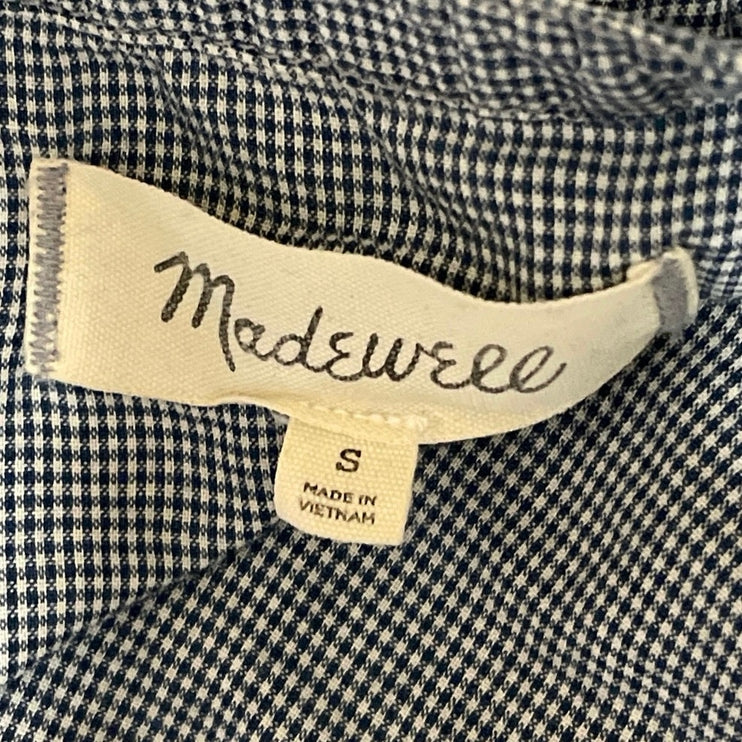 Madewell Womens White Blue Gingham Checkered Cap Sleeve V Neck Tie Blouse Top S