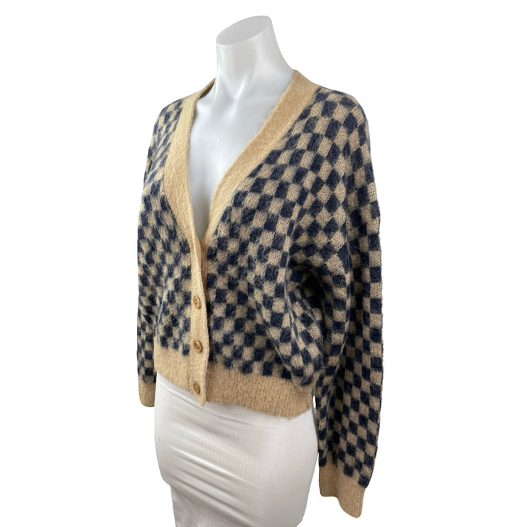 J.Crew Black Beige Checkered Wool Alpaca V Neck Cropped Cardigan Sweater Top S