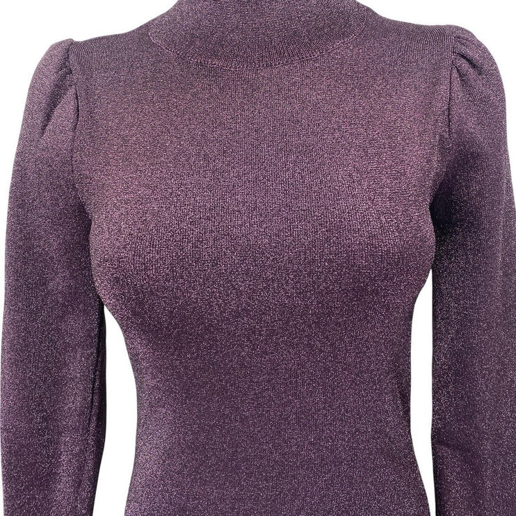ASTR The Label Purple Metallic Long Puff Sleeve Sweater Mini Bodycon Dress Sz M